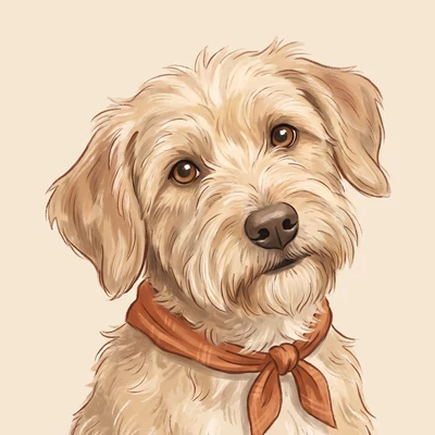 Illustrated portrait of a small scruffy sandy dog in a terracotta bandana, head tilted as if listening