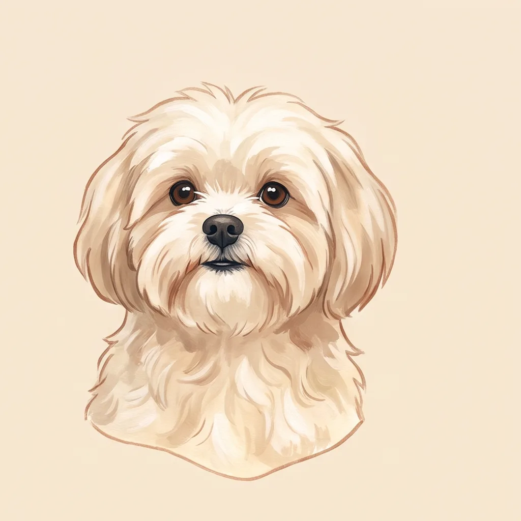 Illustrated portrait of a small fluffy cream-white lap dog